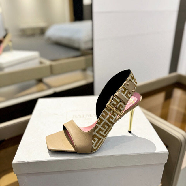 RUBY SANDALS IN BEIGE CALFSKIN AND PB LABYRINTH CANVAS