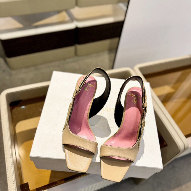 RUBY SANDALS IN BEIGE CALFSKIN AND PB LABYRINTH CANVAS