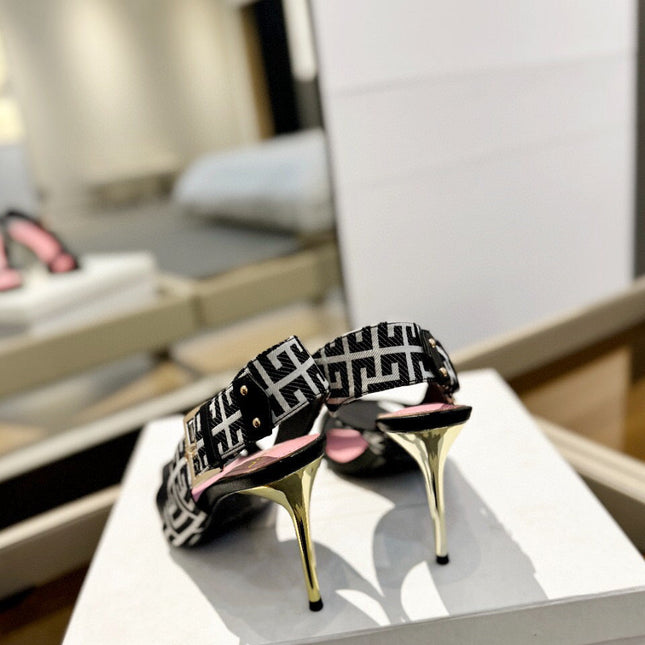 RUBY SANDALS IN BLACK CALFSKIN AND PB LABYRINTH CANVAS