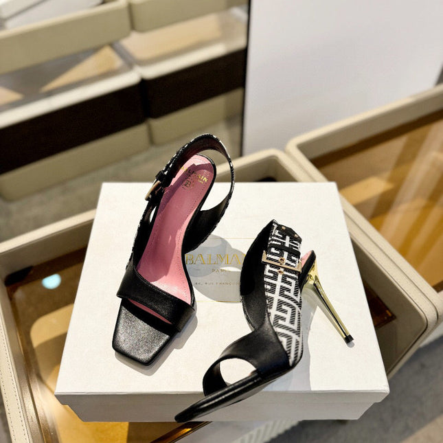 RUBY SANDALS IN BLACK CALFSKIN AND PB LABYRINTH CANVAS