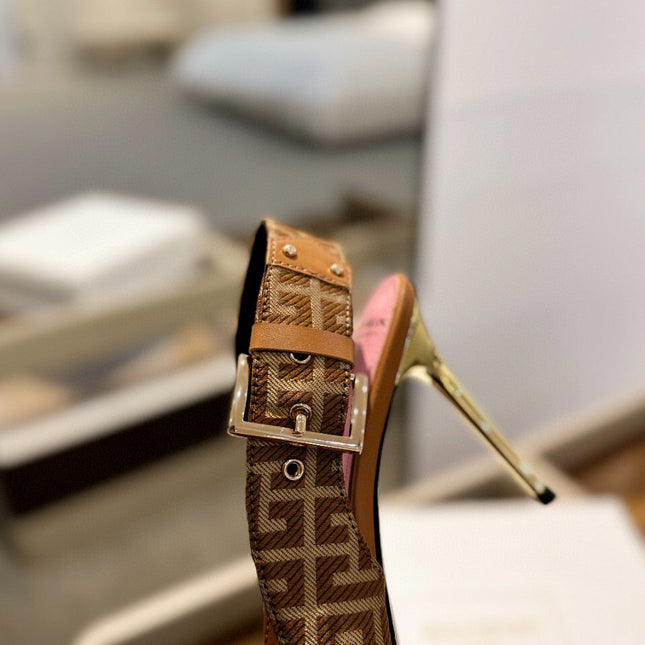 RUBY SANDALS IN BROWN CALFSKIN AND PB LABYRINTH CANVAS