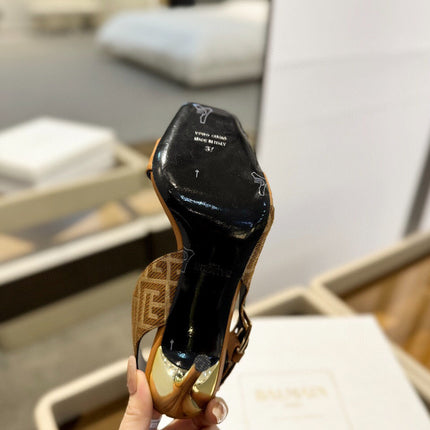 RUBY SANDALS IN BROWN CALFSKIN AND PB LABYRINTH CANVAS