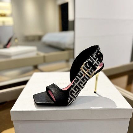 RUBY SANDALS IN BLACK CALFSKIN AND PB LABYRINTH CANVAS