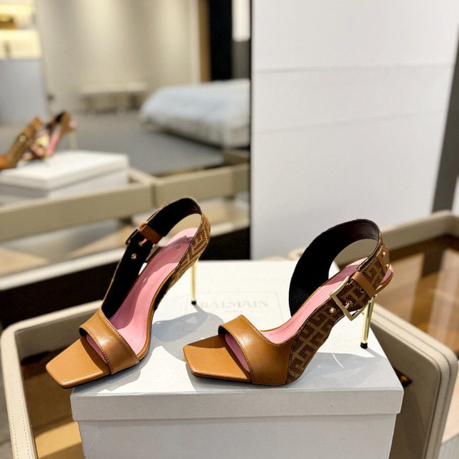 RUBY SANDALS IN BROWN CALFSKIN AND PB LABYRINTH CANVAS