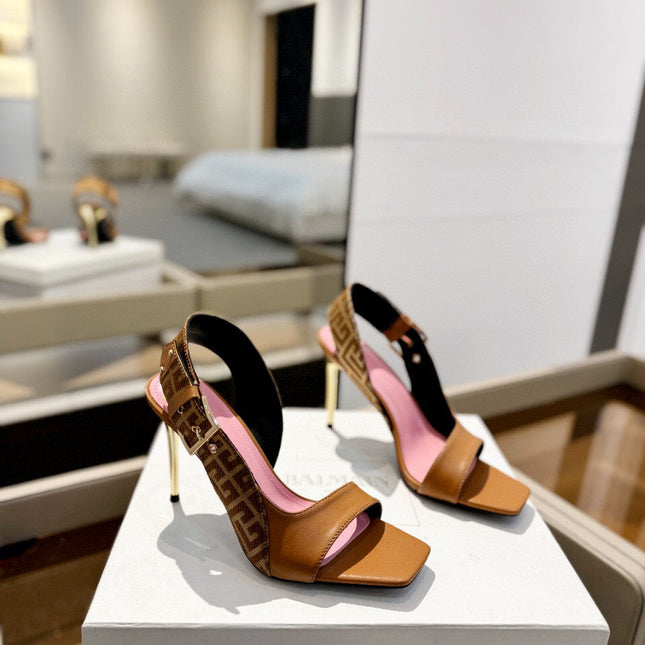 RUBY SANDALS IN BROWN CALFSKIN AND PB LABYRINTH CANVAS