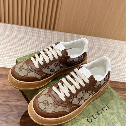 GG SCREENER SNEAKERS IN BROWN CANVAS AND LEATHER