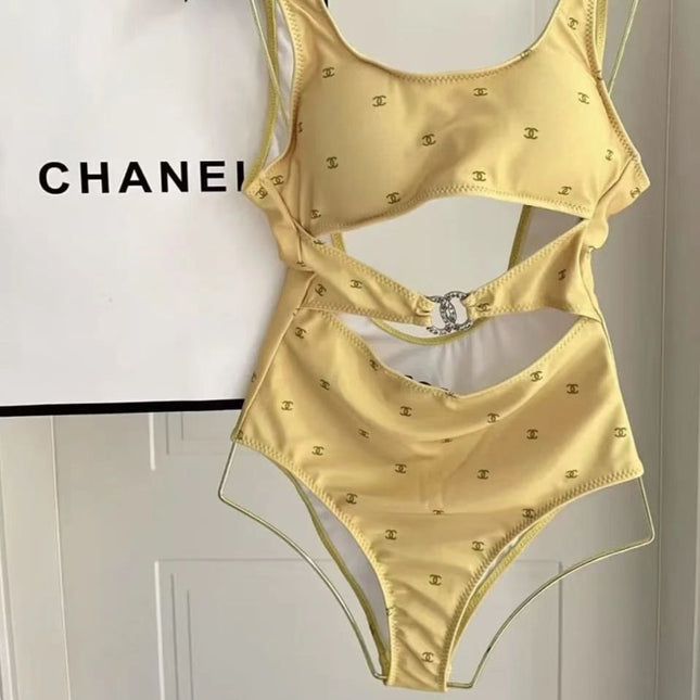 CC MONOGRAM SWIMSUIT IN YELLOW STRETCH NYLON