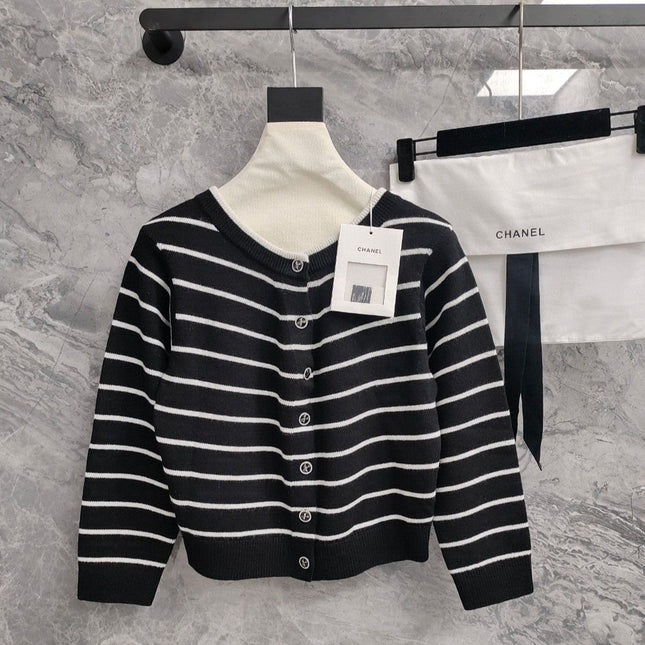 CC NAUTICAL CARDIGAN IN BLACK AND WHITE COTTON KNIT WITH STRIPED DESIGN WITH CC BUTTONS