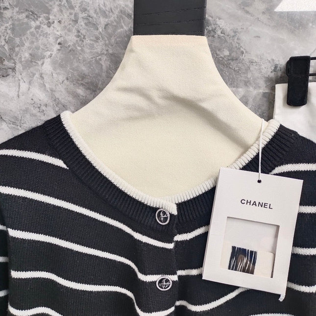 CC NAUTICAL CARDIGAN IN BLACK AND WHITE COTTON KNIT WITH STRIPED DESIGN WITH CC BUTTONS