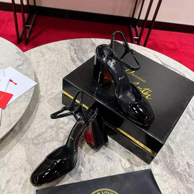 ANKLE STRAP HIGH HEELS IN BLACK PATENT CALFSKIN