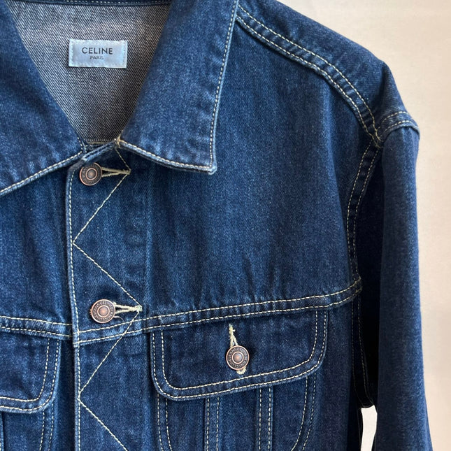 CLASSIC TRUCKER JACKET INDIGO DENIM CONTRAST STITCHING SILVER BUTTONS          Ask ChatGPT