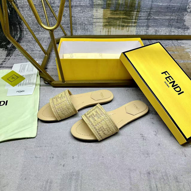 FF SLIDE SANDALS IN BEIGE WOVEN RAFFIA