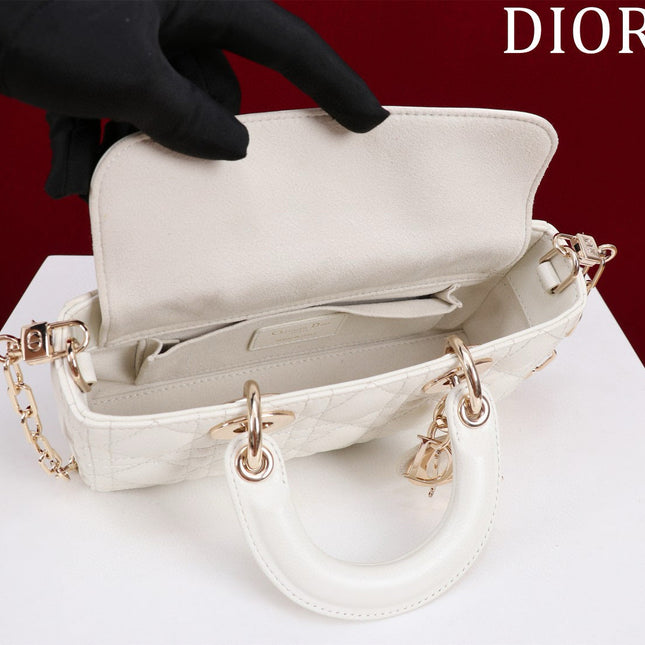 SMALL LADY D-JOY 22 WHITE LAMBSKIN GOLD HARDWARE