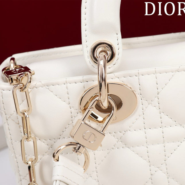 SMALL LADY D-JOY 22 WHITE LAMBSKIN GOLD HARDWARE