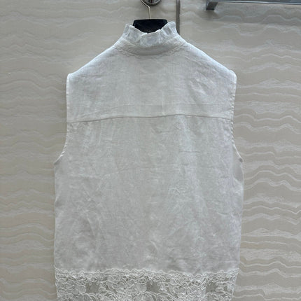 SLEEVELESS BLOUSE IN WHITE LINEN LACE TRIM AND NECK TIE