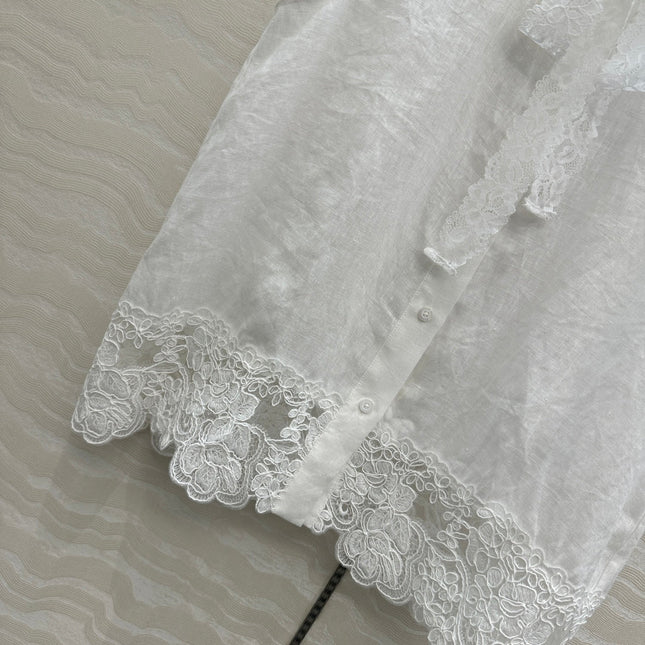 SLEEVELESS BLOUSE IN WHITE LINEN LACE TRIM AND NECK TIE