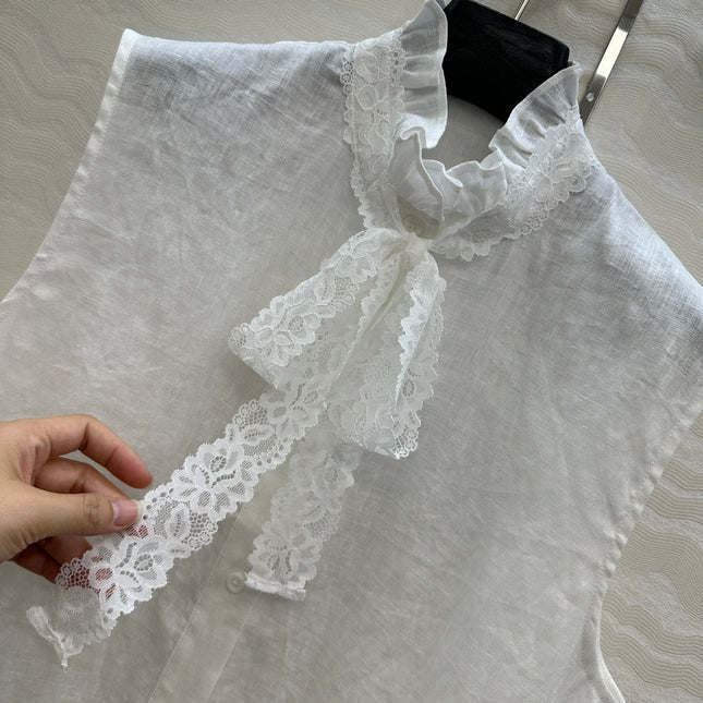 SLEEVELESS BLOUSE IN WHITE LINEN LACE TRIM AND NECK TIE