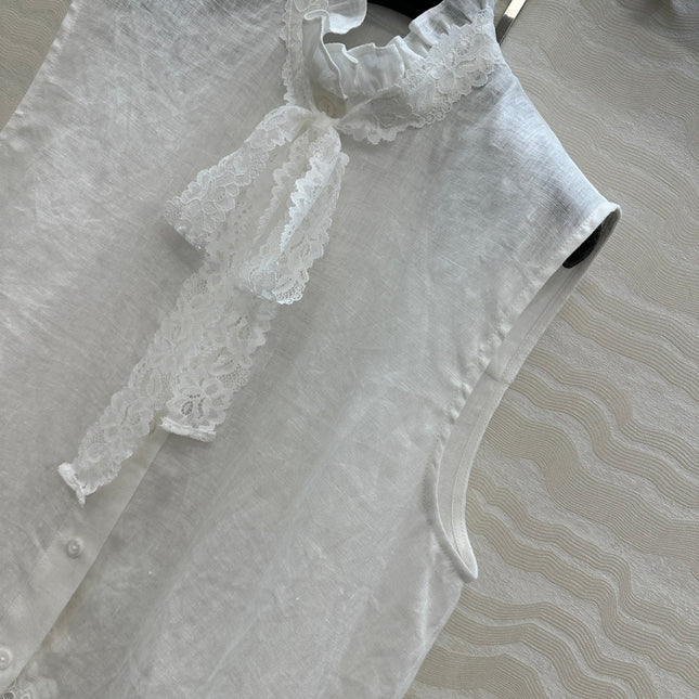SLEEVELESS BLOUSE IN WHITE LINEN LACE TRIM AND NECK TIE