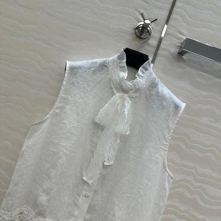 SLEEVELESS BLOUSE IN WHITE LINEN LACE TRIM AND NECK TIE