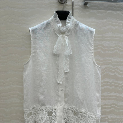 SLEEVELESS BLOUSE IN WHITE LINEN LACE TRIM AND NECK TIE