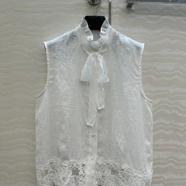 SLEEVELESS BLOUSE IN WHITE LINEN LACE TRIM AND NECK TIE