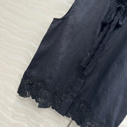 SLEEVELESS BLOUSE IN BLACK LINEN LACE TRIM AND NECK TIE