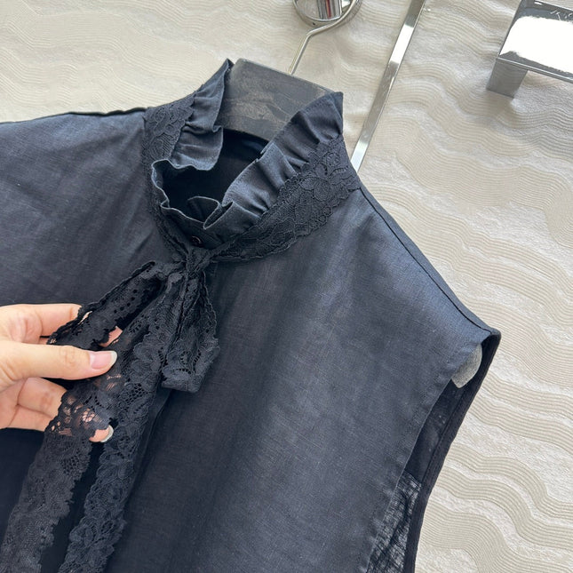 SLEEVELESS BLOUSE IN BLACK LINEN LACE TRIM AND NECK TIE