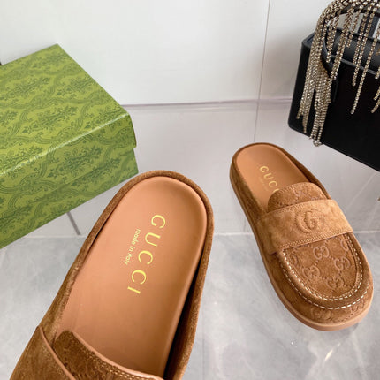 GG LOAFERS IN BROWN MONOGRAM EMBOSSED SUEDE