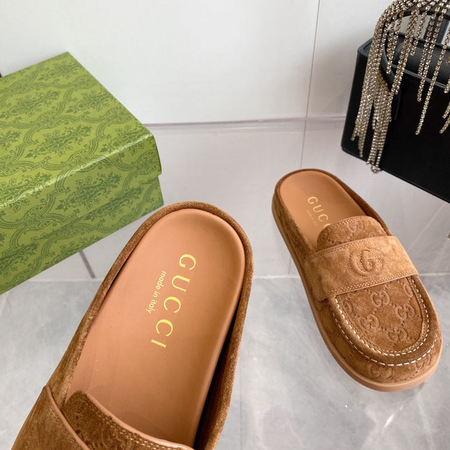 GG LOAFERS IN BROWN MONOGRAM EMBOSSED SUEDE