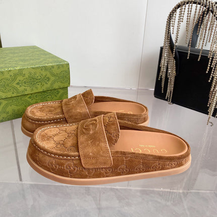 GG LOAFERS IN BROWN MONOGRAM EMBOSSED SUEDE