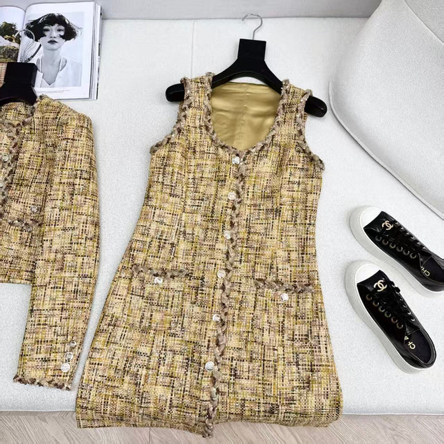 CC DRESS IN YELLOW MIX BROWN TWEED