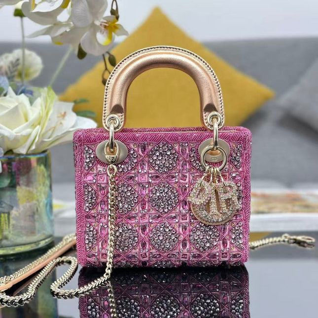 CRYSTAL LADY DIOR BAG 17 IN PINK CALFSKIN TP3