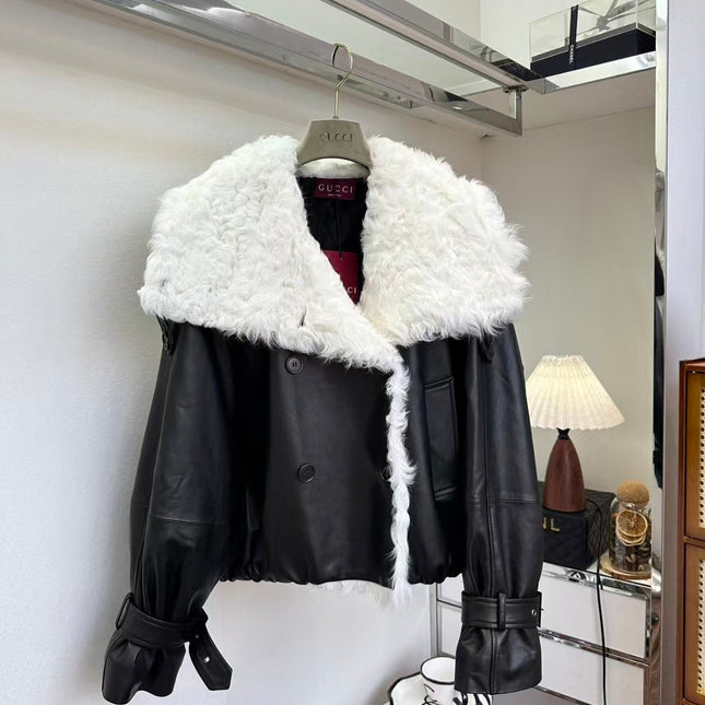 GUCCI LEATHER JACKET WITH WHITE SHEARLING