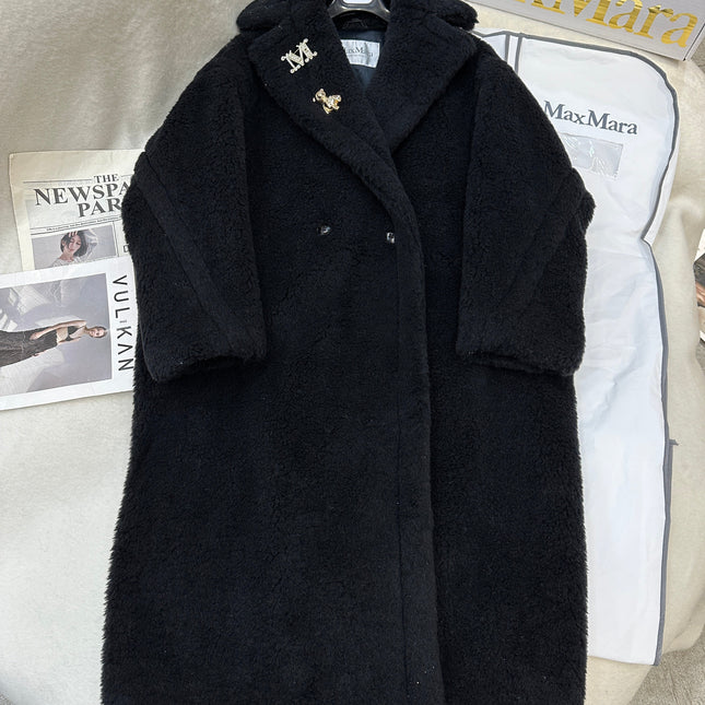 MAX MARA LONG COAT IN BLACK CASHMERE WITH CRYSTAL CHARM