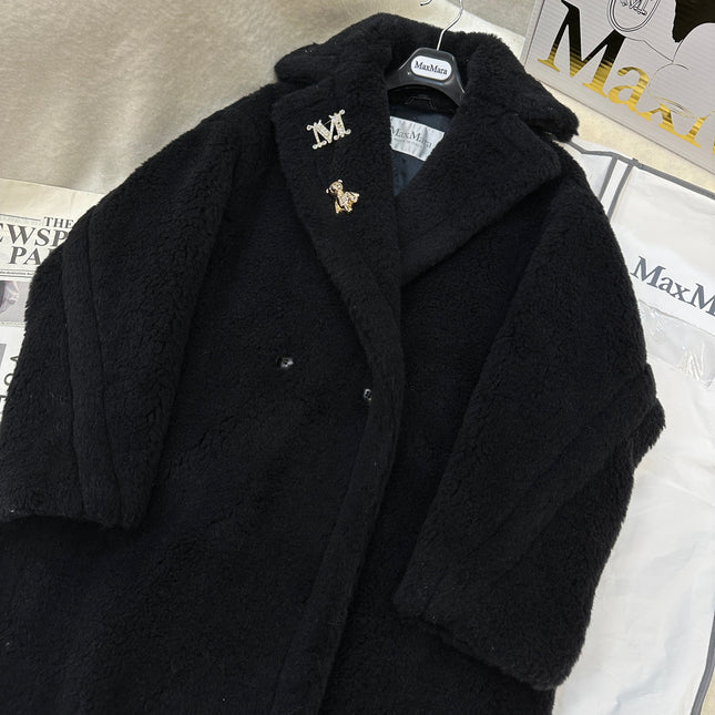 MAX MARA LONG COAT IN BLACK CASHMERE WITH CRYSTAL CHARM