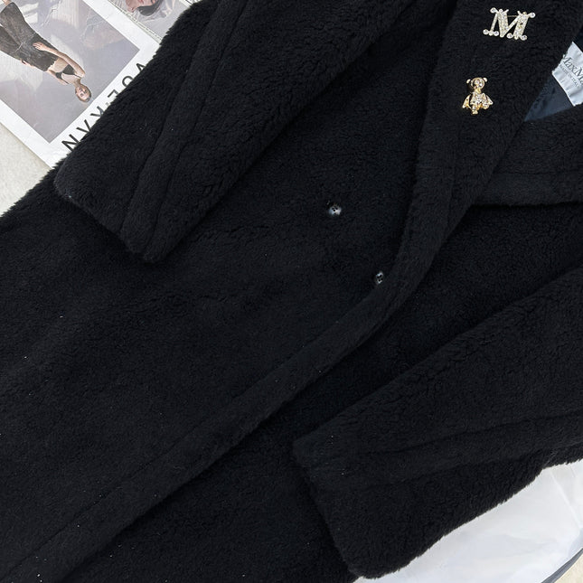 MAX MARA LONG COAT IN BLACK CASHMERE WITH CRYSTAL CHARM