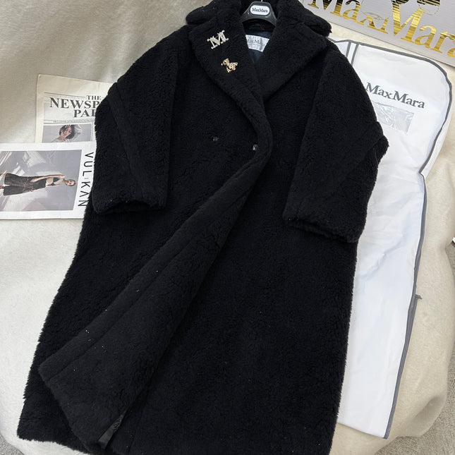 MAX MARA LONG COAT IN BLACK CASHMERE WITH CRYSTAL CHARM