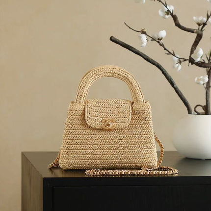 CC KELLY TOP HANDLE BAG 19 IN BEIGE WOVEN RAFFIA