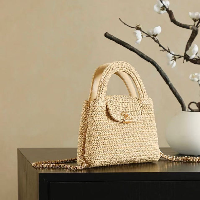 CC KELLY TOP HANDLE BAG 19 IN BEIGE WOVEN RAFFIA