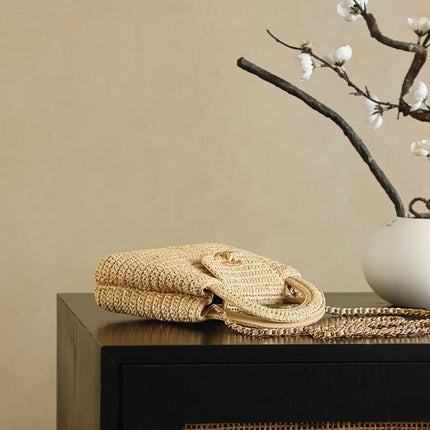 CC KELLY TOP HANDLE BAG 19 IN BEIGE WOVEN RAFFIA