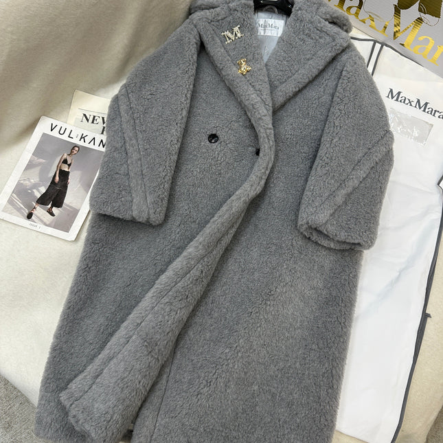 MAX MARA LONG COAT IN LIGHT GREY WOOL WITH CRYSTAL CHARM