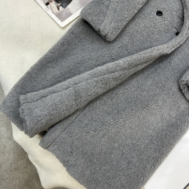 MAX MARA LONG COAT IN LIGHT GREY WOOL WITH CRYSTAL CHARM
