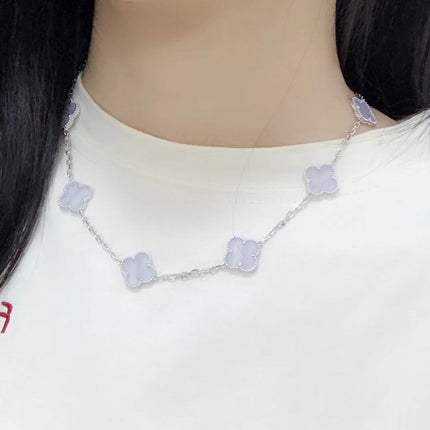 CLOVER 10 MOTIF SILVER CHALCEDONY NECKLACE