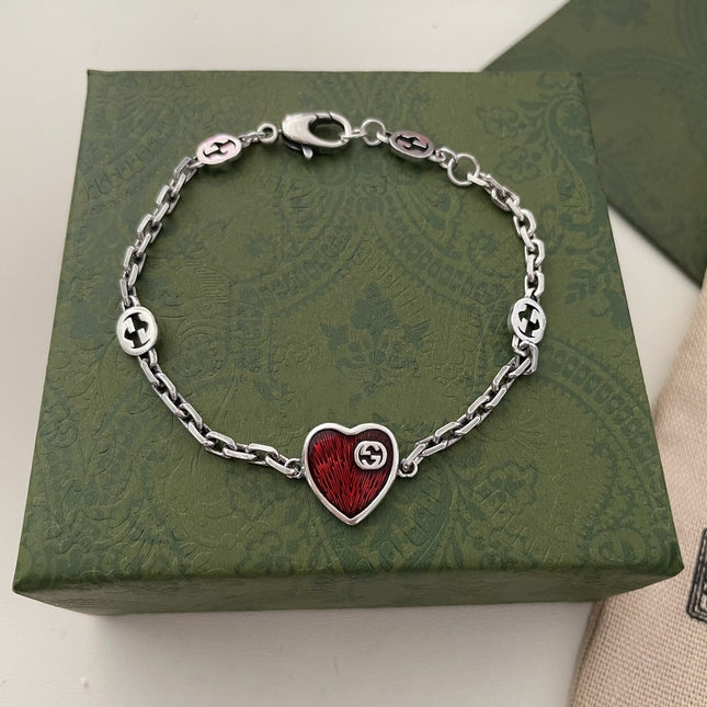 GG HEART AGED FINISH STERLING SILVER RED ENAMEL BRACELET