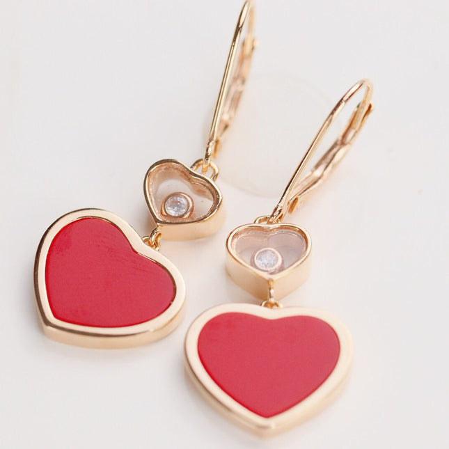 HAPPY HEART EARRINGS CARNELIAN PINK GOLD DIAMOND