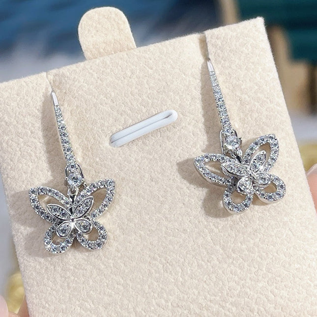 DOUBLE BUTTERFLY SILHOUETTE SILVER DIAMOND EARRINGS