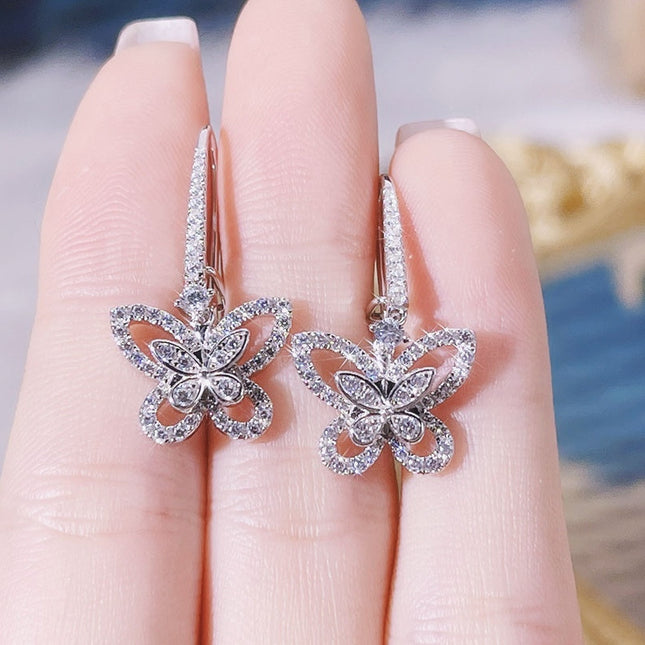 DOUBLE BUTTERFLY SILHOUETTE SILVER DIAMOND EARRINGS