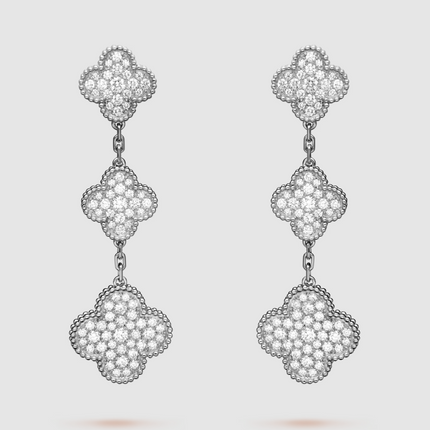 CLOVER 3 MOTIF DIAMOND SILVER DROP EARRINGS