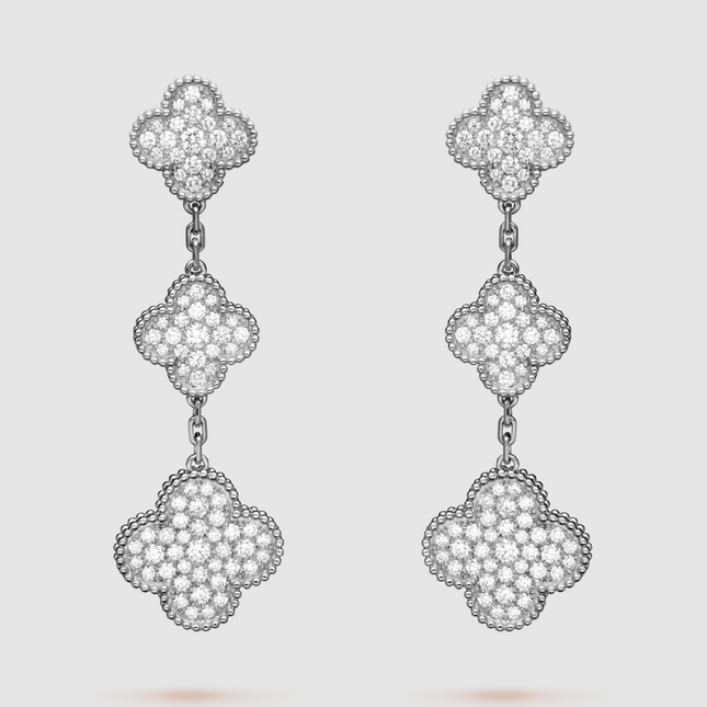 CLOVER 3 MOTIF DIAMOND SILVER DROP EARRINGS