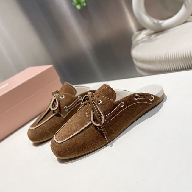 MIU FADED MULE IN BROWN ECRU SUEDE